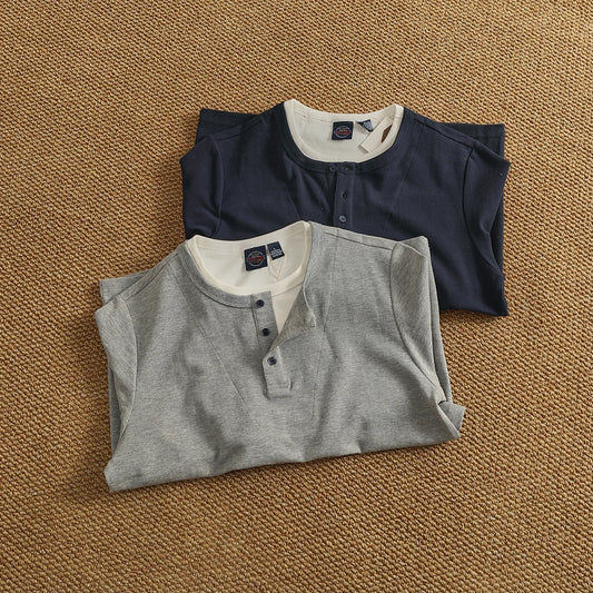 2025 Autumn New American Retro Heavyweight Fake Two Pieces Long-sleeved Henry Collar T-shirt Men's Fashion Washed Casual Tops