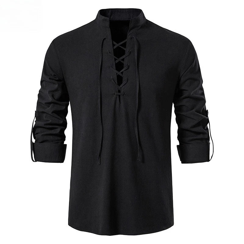 Men's Cotton Linen Long Sleeve Henley Shirt Hippie Casual Beach Band Collar Top Euro Size