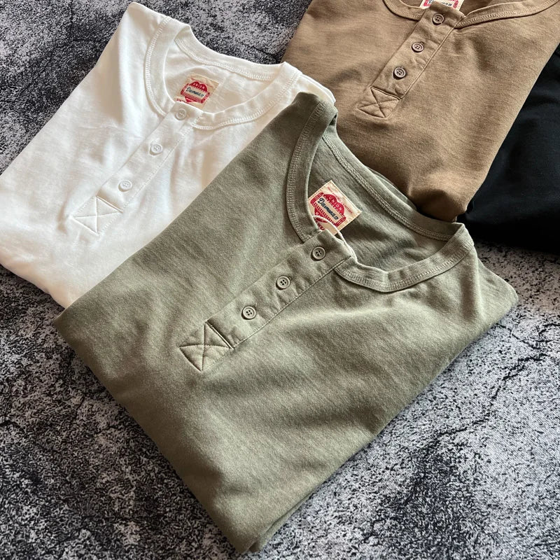 Henry Shirt American Vintage Heavyweight Amekaji Washed Distressed Long Sleeve Loose Fit Pure Cotton Henley Neck T-shirts Tees