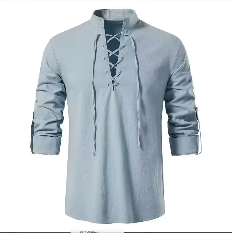 Men's Cotton Linen Long Sleeve Henley Shirt Hippie Casual Beach Band Collar Top Euro Size