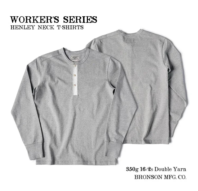 Bronson 350g Heavyweight L/S Henley Shirt Vintage Plain Base T-Shirt For Men