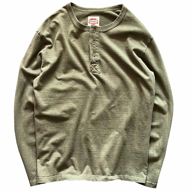Henry Shirt American Vintage Heavyweight Amekaji Washed Distressed Long Sleeve Loose Fit Pure Cotton Henley Neck T-shirts Tees