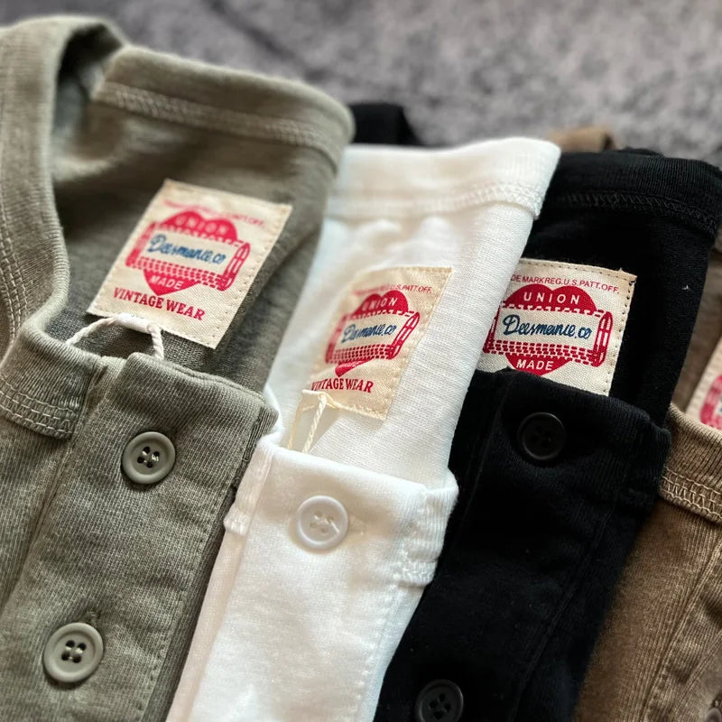 Henry Shirt American Vintage Heavyweight Amekaji Washed Distressed Long Sleeve Loose Fit Pure Cotton Henley Neck T-shirts Tees