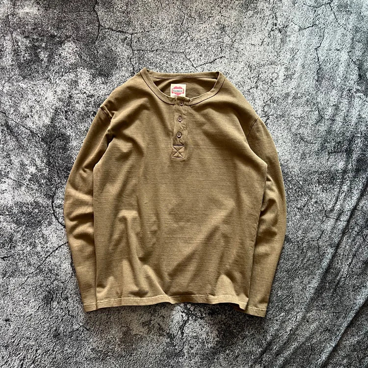 Henry Shirt American Vintage Heavyweight Amekaji Washed Distressed Long Sleeve Loose Fit Pure Cotton Henley Neck T-shirts Tees