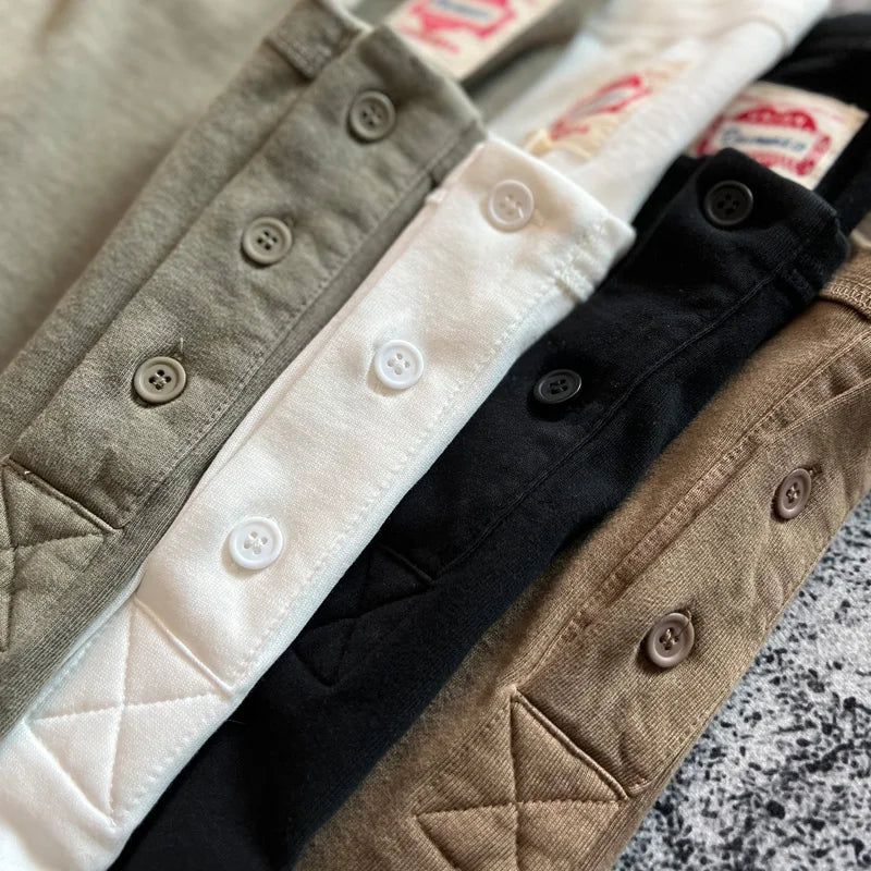 Henry Shirt American Vintage Heavyweight Amekaji Washed Distressed Long Sleeve Loose Fit Pure Cotton Henley Neck T-shirts Tees