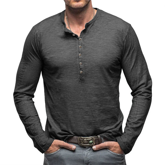 2026 New Men's 100% Cotton Henley T-Shirt Long Sleeve Shirt Basic Retro Casual T Shirts Button Washed Worn V-neck Men Clothing