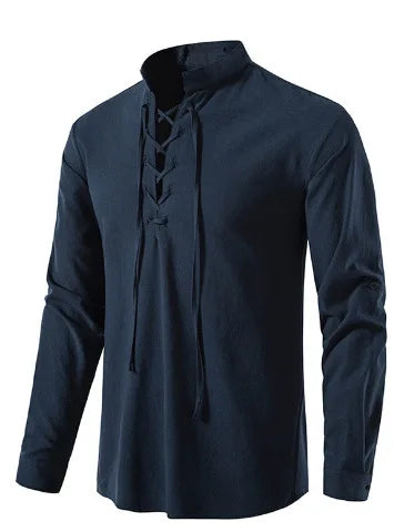 Men's Cotton Linen Long Sleeve Henley Shirt Hippie Casual Beach Band Collar Top Euro Size