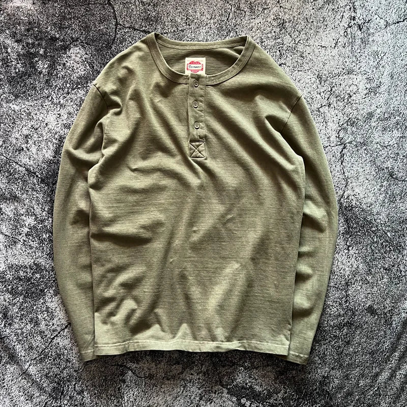 Henry Shirt American Vintage Heavyweight Amekaji Washed Distressed Long Sleeve Loose Fit Pure Cotton Henley Neck T-shirts Tees