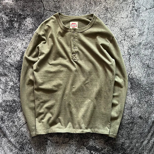 Henry Shirt American Vintage Heavyweight Amekaji Washed Distressed Long Sleeve Loose Fit Pure Cotton Henley Neck T-shirts Tees