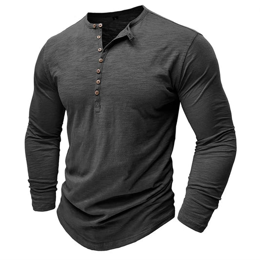 2026 New Men's 100% Cotton Henley T-Shirt Long Sleeve Shirt Basic Retro Casual T Shirts Button Washed Worn V-neck Men Clothing