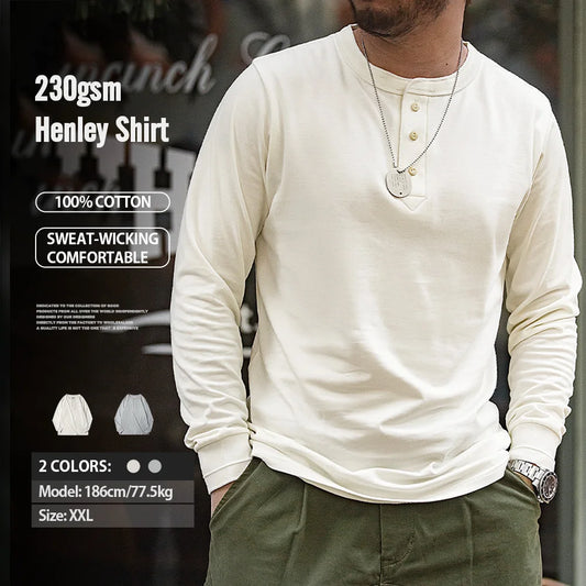 Maden Long-sleeved Henley Shirt for Men Three-button Classic Design Round Collar Beige Basic T-shirts Male Autumn Thin Tees